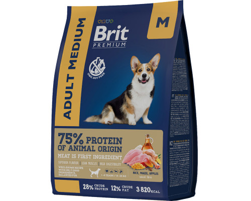 Корм сухой для взрослых собак средних пород с курицей Brit Adult Medium, 1 кг