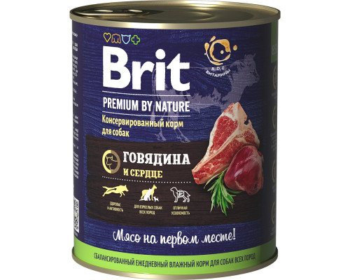 Консервы для собак с говядиной и сердцем Brit Premium by Nature, 850 г