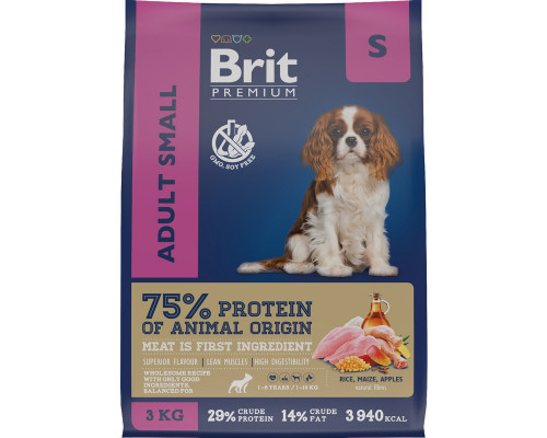 Корм сухой для взрослых собак мелких пород с курицей Brit Adult Small, 1 кг