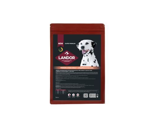 Cухой корм LANDOR для взр. собак cредних и крупных пород c индейкой и лососем 3 кг