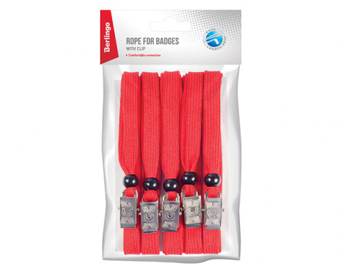 Набор шнурков для бейджей BERLINGO 45 см с клипсой красные 5 шт.