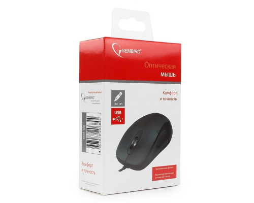Мышь Gembird USB 2 кнопки+колесо кнопка 1000 DPI черный, кабель 1.45-1.5м MOP-100