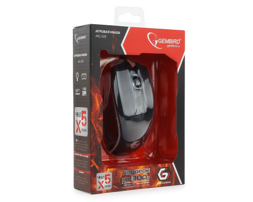Мышь Gembird игровая USB 5 кнопок+колесо-кнопка 1600 DPI чёрный+подсветка кабель 1,45м MG-500