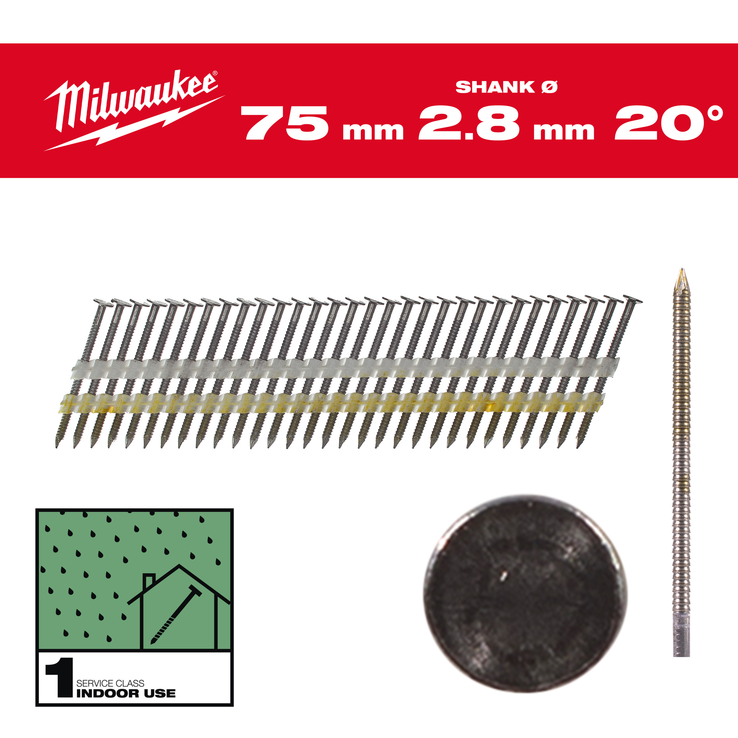 Гвозди для пистолета Milwaukee 20°/75мм RS 2000шт (4932492588)